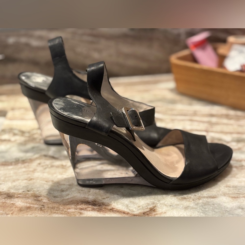 Michael Kors Black and Clear Wedge Sandals